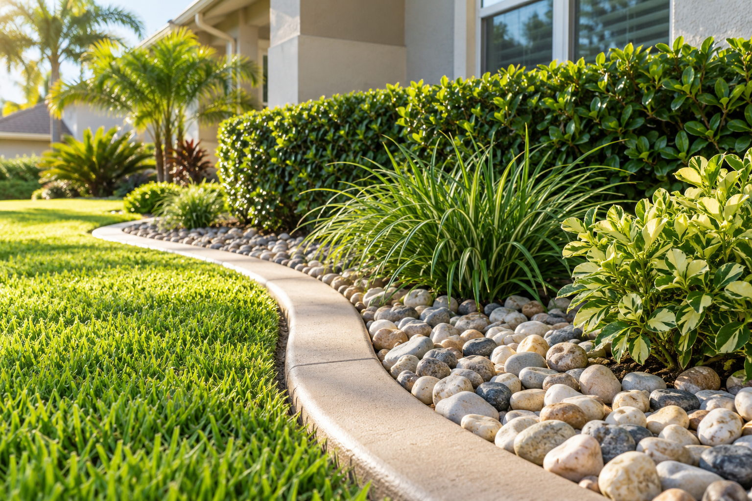 Landscape inspiration: curved concrete curbing, river rock, a clipped hedge and ornamental plants beside a green lawn
